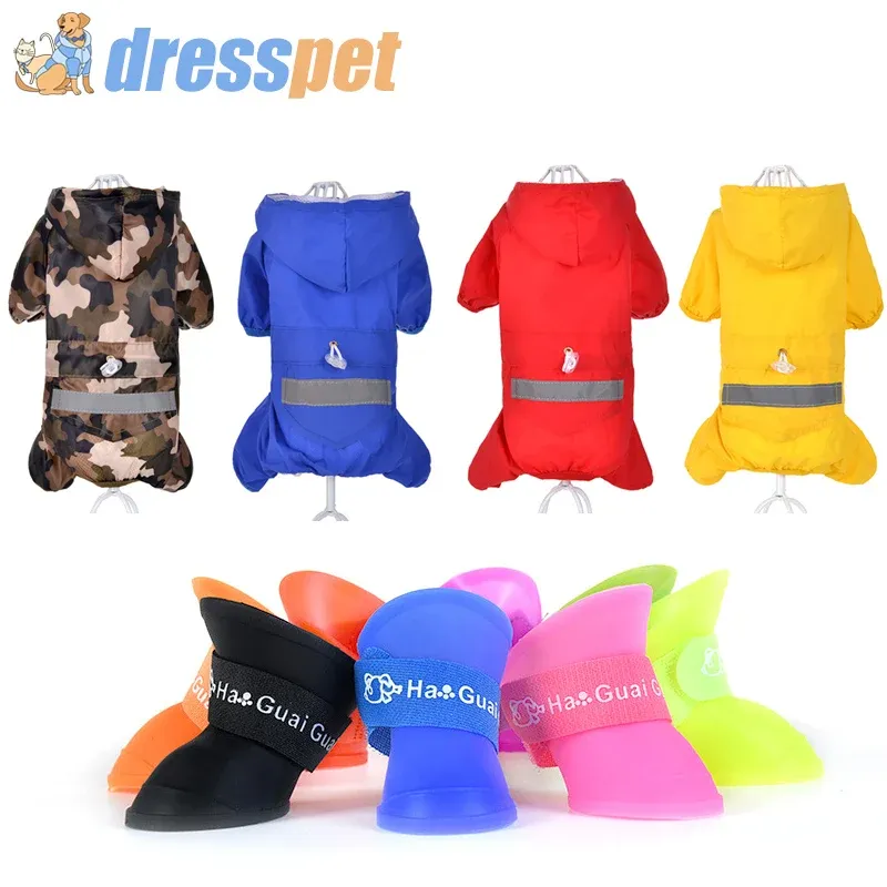 Giacche Dressepet Pet Cane Impercoat e scarpe da pioggia Combinazione gratuita a quattro colori impermeabili / otto stivali da pioggia a colori