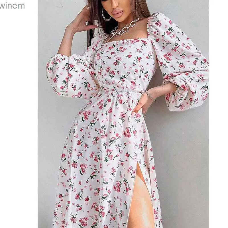 Abiti sexy urbani eleganti abiti da donna abiti sexy manica aperta sul retro 2023 Summer Floral Lace Up Abito Svilo Slitto Female Robe S-XXXLL2404