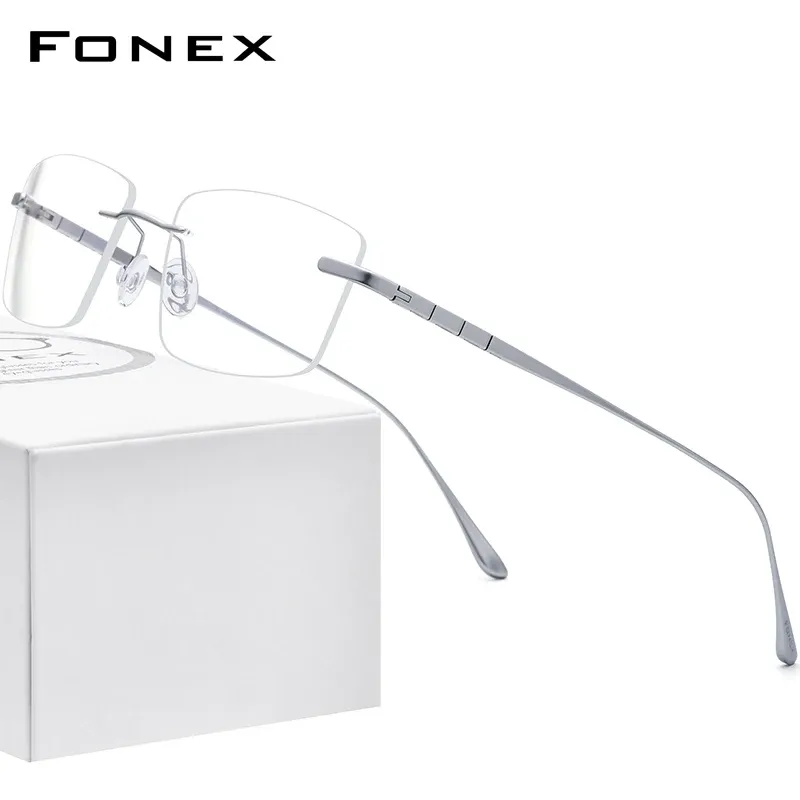レンズfonex純粋なチタンメガネフレームメンリムレス処方四角い眼鏡2021女性フレームレス近視光学アイウェア8555
