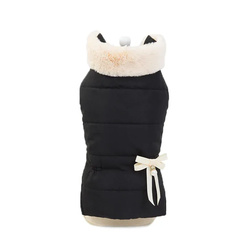 Kurtki Bowknot Design dwie stopy ciepłe ubrania dla zwierząt na jesień i zimę najnowszy styl księżniczki czarny kolor ubrania psów z futrzanym kołnierzem