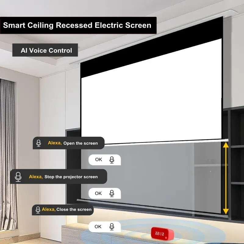 Retractable Motorized Concealed Electric In-Ceiling Recessed Front Projection Screen With 8K 4K UHD Fiberglass White Projection