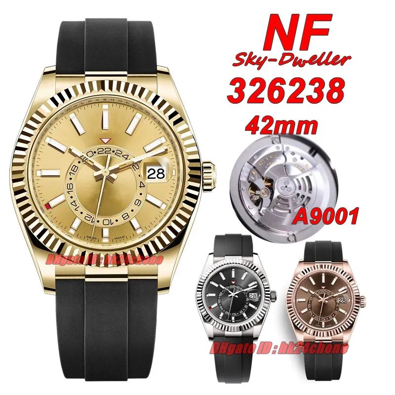 NF Orologi di lusso N Super 42mm Gold giallo 326238 A9001 MENS AUTOMATIC OROLOGIMENTO SAPPHIRE COMPOLE CAMPAGNE CINTURA GUSCA GENSI