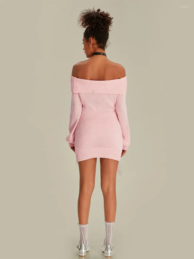 Casual Off Shoulder Sweater Dress Women Long Sleeve Ribbon Cross