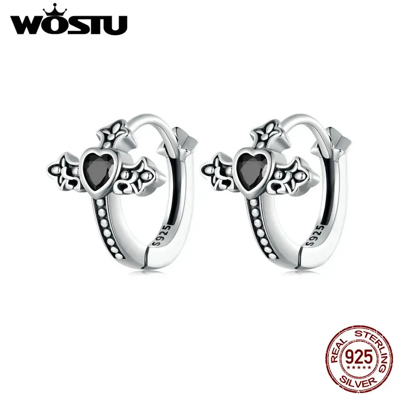 Clips WOSTU Vintage 925 Sterling Silver Black Zircon Cross Hoop Earrings Women Retro Punk Cross Ear Buckle Hip Hop Jewelry Lucky Gift