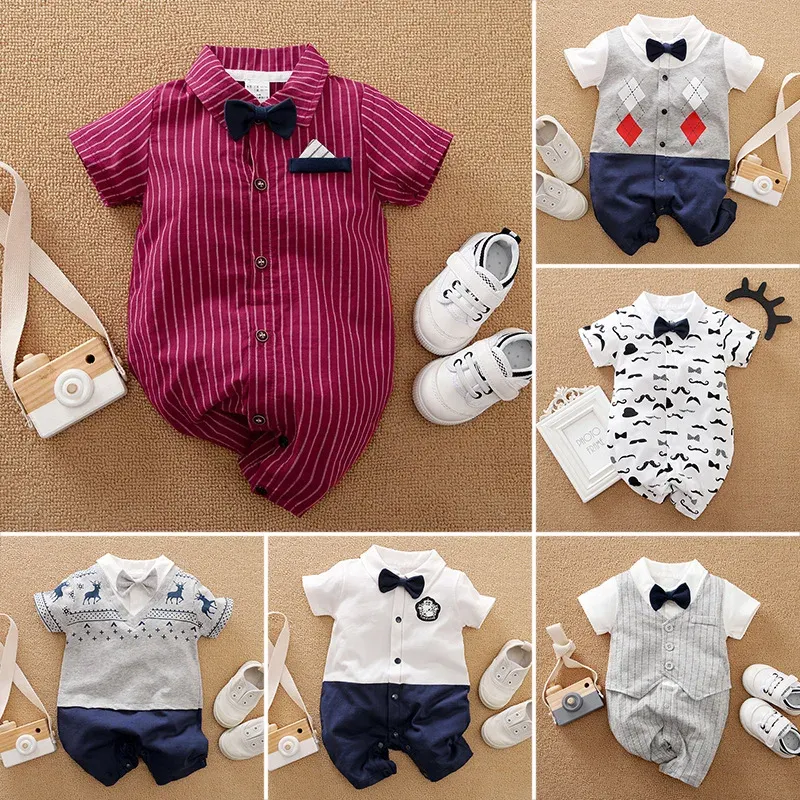 Einszene Baby Jungen Neugeborene Baby Mädchen Sommerkleidung Baby Jumpsuit Gentleman Stil Baby Klasse A Baumwolle weiche Stoff Baby Kleidung