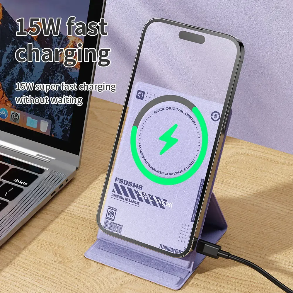 Laddare Rock 15W Magnetic Wireless Charger för iPhone 15 14 13 12 11 Pro X Xs Max XR Foldbar Premium Läder Fast Charging Dock Station