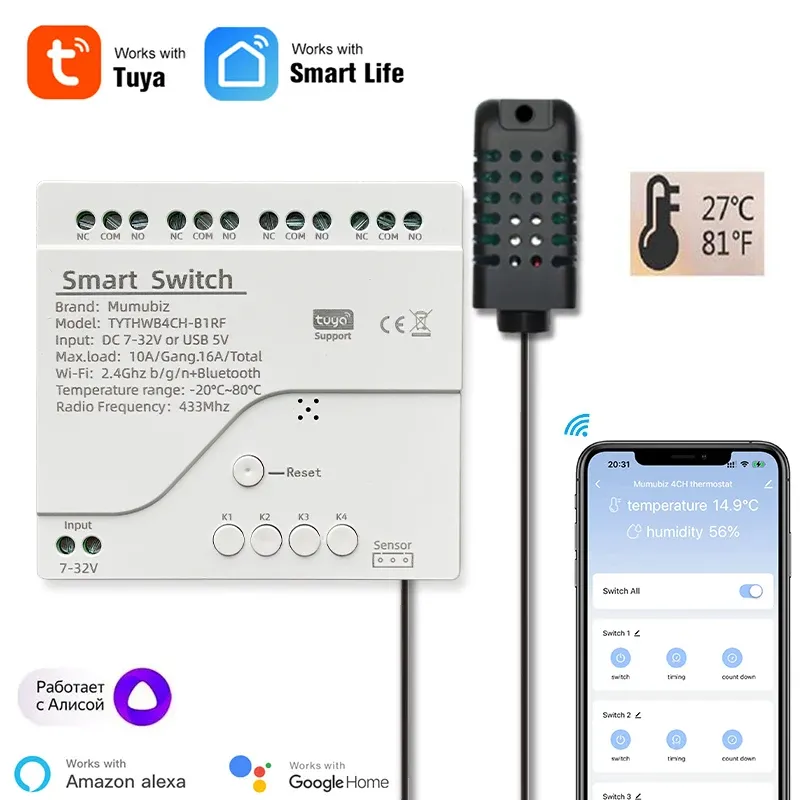 Kontroll Mumubiz 732V WiFi 4 -kanal TH Switch med din Rail, Tuya Smart Life App, Temperatur eller fuktighetssensor ingår, arbeta med Alexa