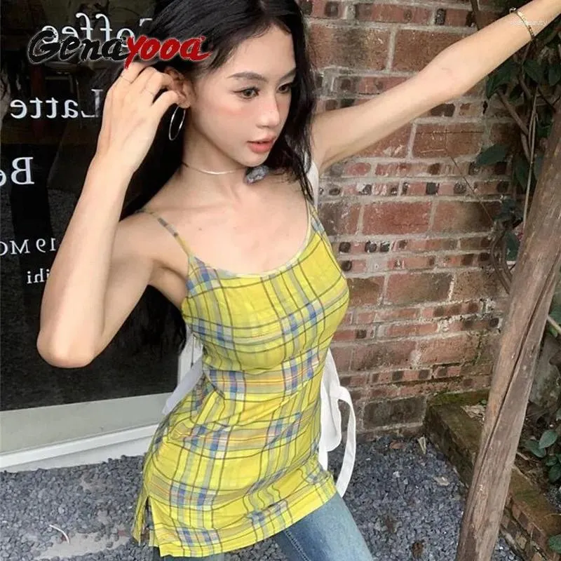 Женские танки Genayooa Vintage Tops Tops рукавочные клетки Sexy Y2K Retro Camis Streetwear 2000 -х