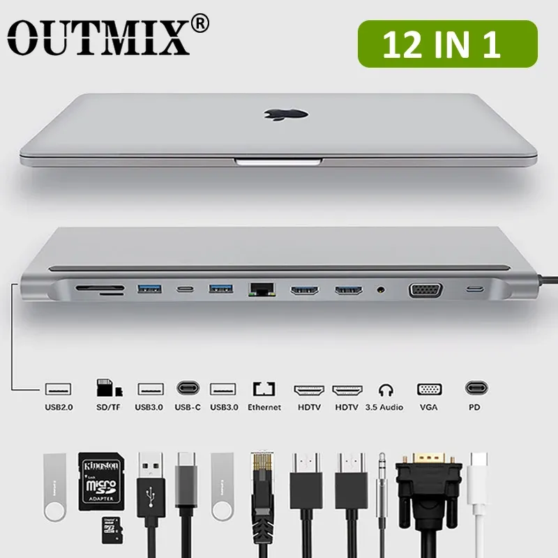 Hubs 12 en 1 MST Type C Hub à HDMicompatible USB 3.0 Hub Dock VGA RJ45 Adaptateur USB Convertisseurs PD pour Loptop Thunderbolt 3 USB C Hub