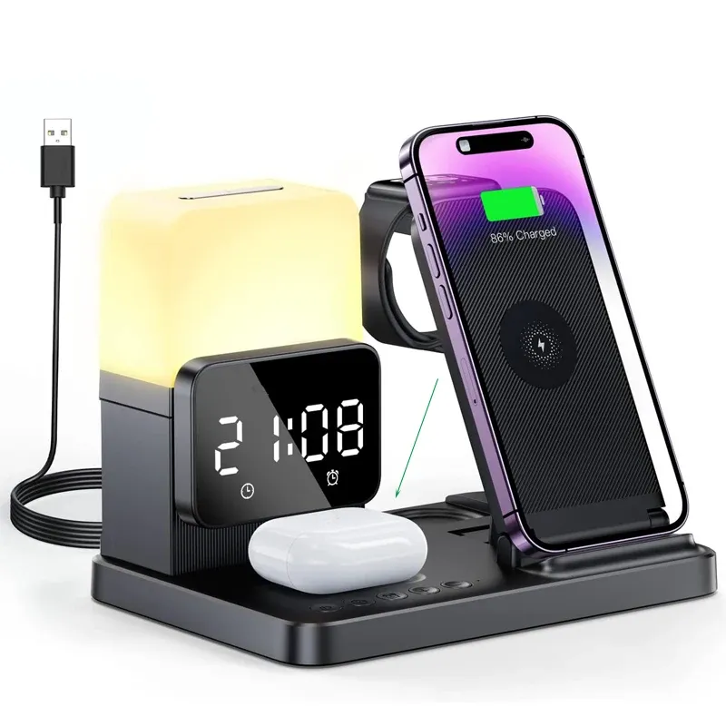 Chargers 6 In 1 Wireless Charger Stand Alarm Clock Lamp Foldable Charging Dock Station for iPhone 14 13 12 11 Pro Max iWatch 8 7 AirPods