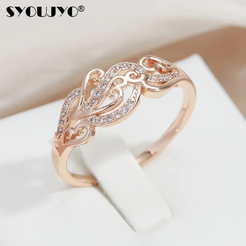 Band Syoujyo Hollow Crystal Flower Women's Ring 585 Rose Gold Color Exquisite Mönster Natural Zircon Bride Wedding Fine Jewelry Rings