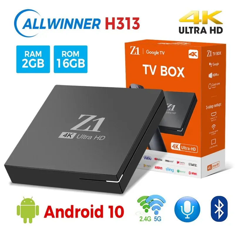 Odbiorniki Z1 Smart TV Box Android 10.0 Allwinner H313 Quad Core 2GB 16GB 4K z asystentem głosowym vs mini x96q x96mini Ustaw górne pole 1 GB 8 GB