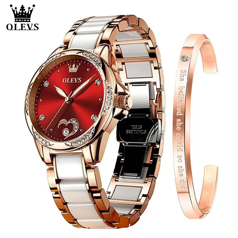 Olevs Watch for Women Mécanique mécanique pour dames en acier inoxydable Céramic Band Heart Diamond Girls Robe 240419