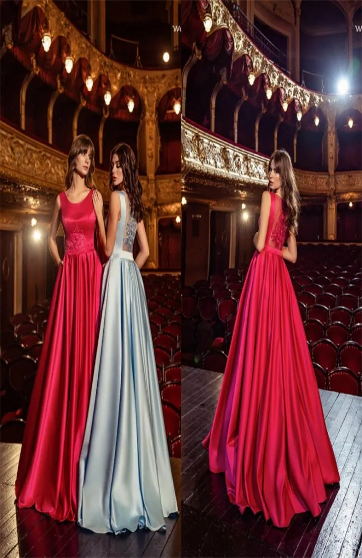 2020 Elegant A Line Prom Dresses Jewel Sleeveless Appliqued Satin Party Gowns Custom Made Sweep Train Sell Cheap Prom Gowns8161001