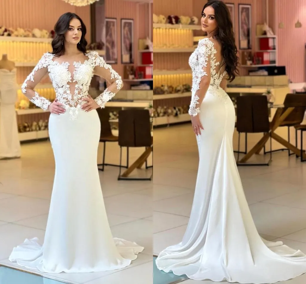 Modest Long Sleeve Sheer Appliques Lace Mermaid Wedding Dresses Arabic Dubai With Buttons Covered Back Bridal Gowns Custom Made BC18671