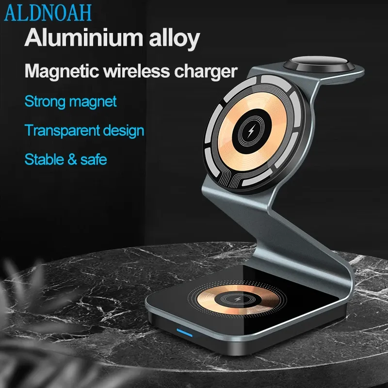 Carregadores 3 em 1 Magnetic 15w Fast Wireless Charger Station Stand transparente para iPhone 12 13 mini 14 Pro Max Apple Watch 8 7 6 5 AirPods