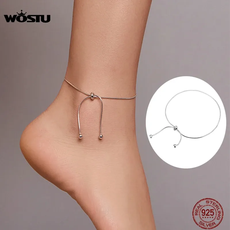 Ankjes Wostu Silver Anklet Summer Nieuwe 925 Sterling Silver Simple Chain Anklet for Women Fashion Sterling Silver Fine Jewelry CQT016