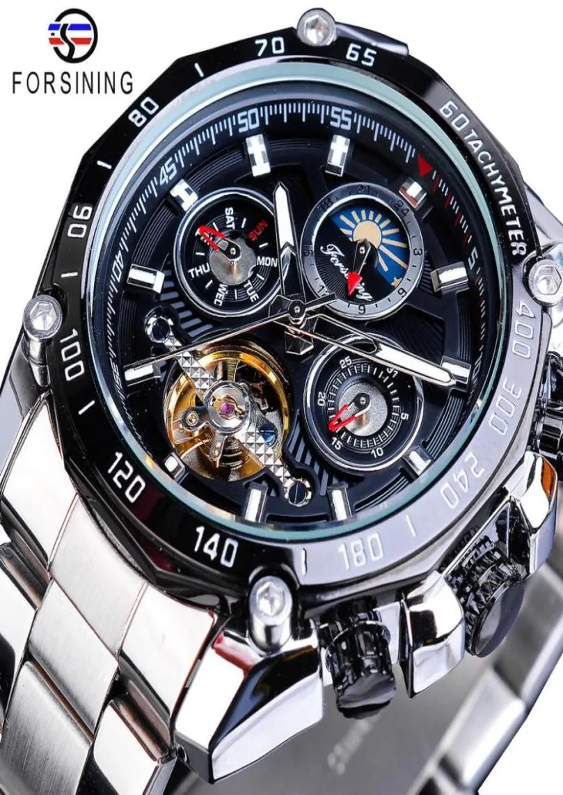 Формация бренда чернокожие мужские механические часы автоматические многофункциональные турбиллинские фаза фаза гонки спортивная стальная полоса Relogio1424777
