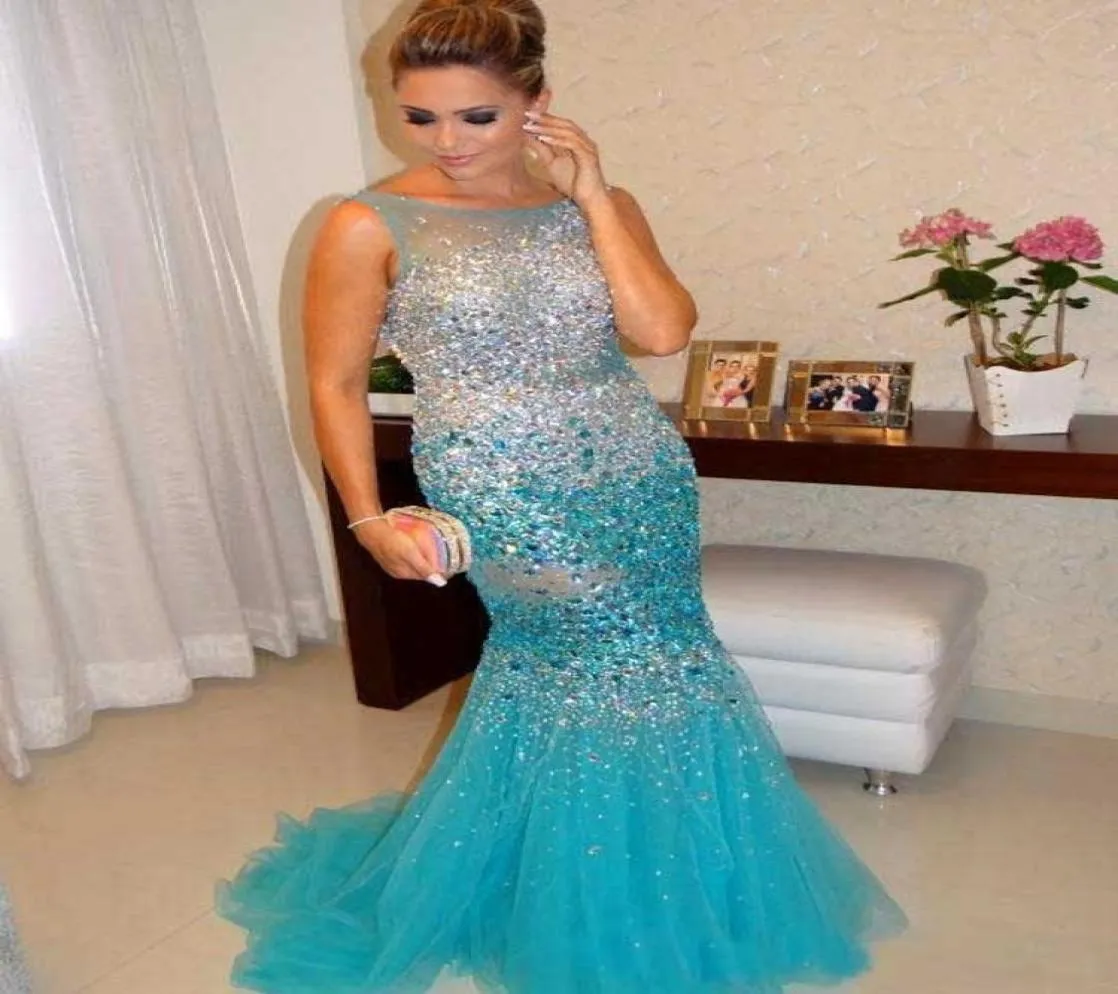 Luxury Heavy Crystal Beading South African Prom Dress Celeberity Mermaid Tulle Arabic Evening Party Gown Custom Made Plus Size1400226