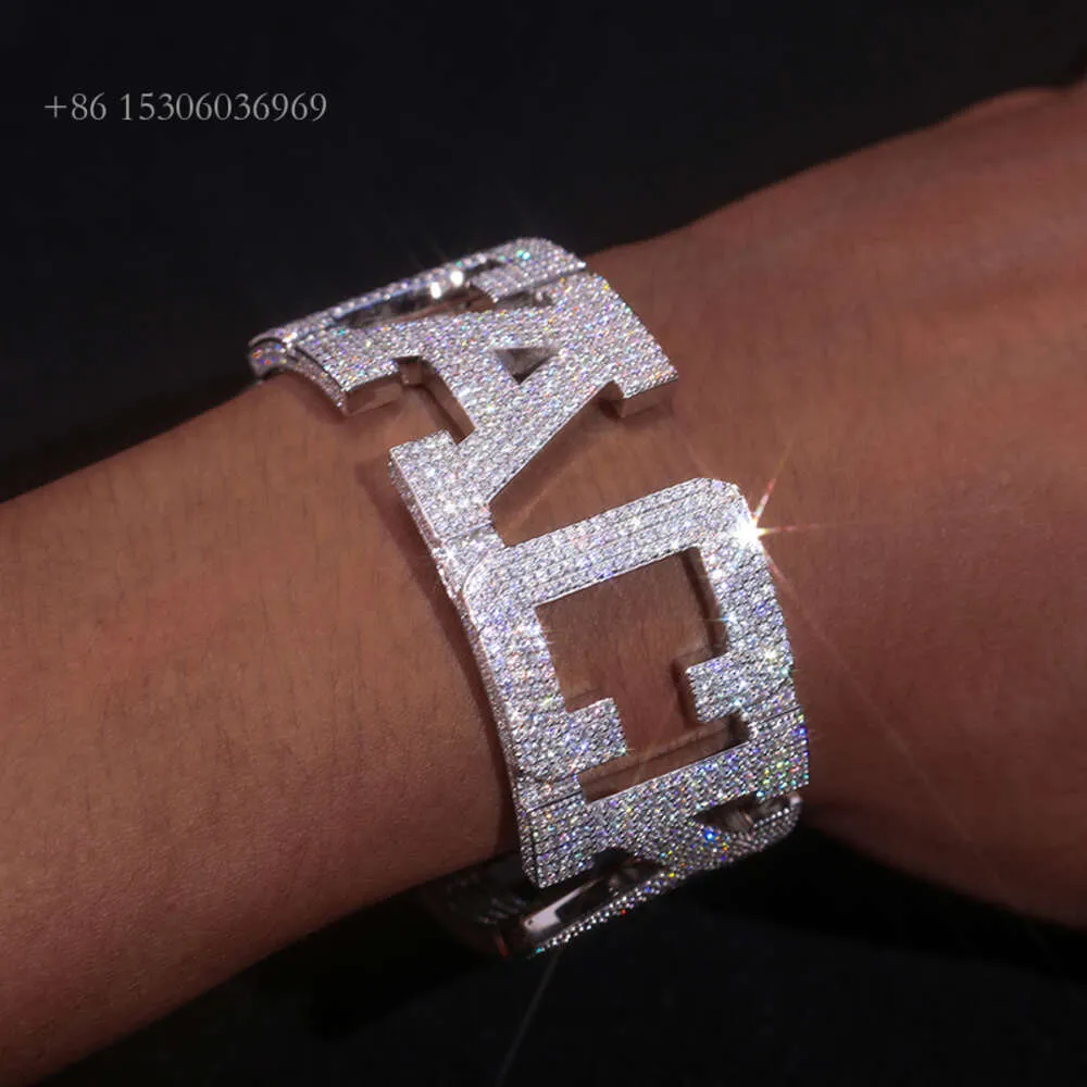 Custom Hip Hop Jewelry Sterling Sier VVS Moissanite Diamond Iced Out Cuff Letter Bangle Bracelet For Men