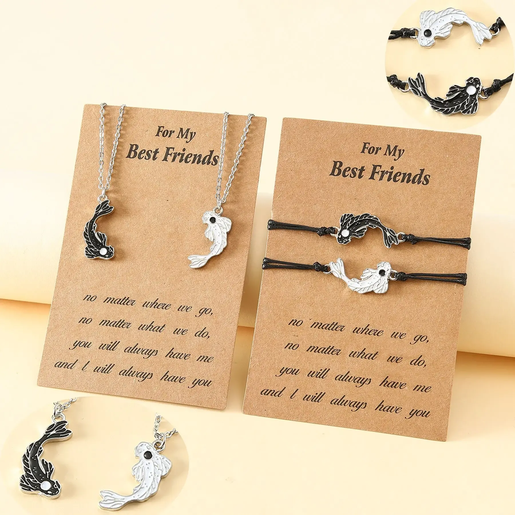 Strängar 2024 Ny legering Drip Oil Tai Chi Fish Good Friends Card Woven Armband Halsband Partihandel