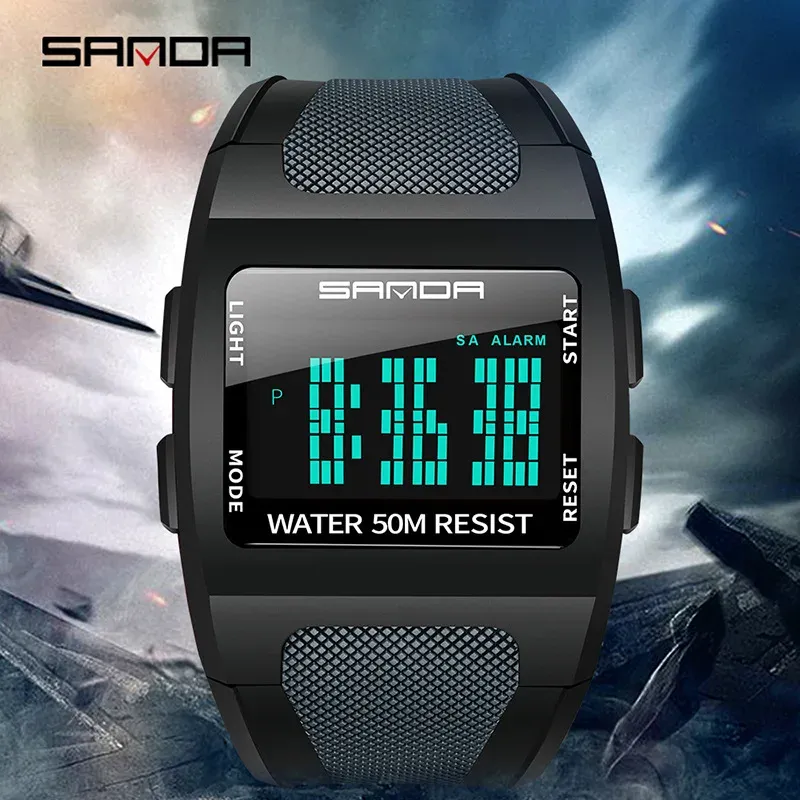 Orologi Sanda 222 Digital Watch Men Army Army Sport Cronografo Data Owatch Resin Band Week 50m Waterproof Mash Electronic Oro