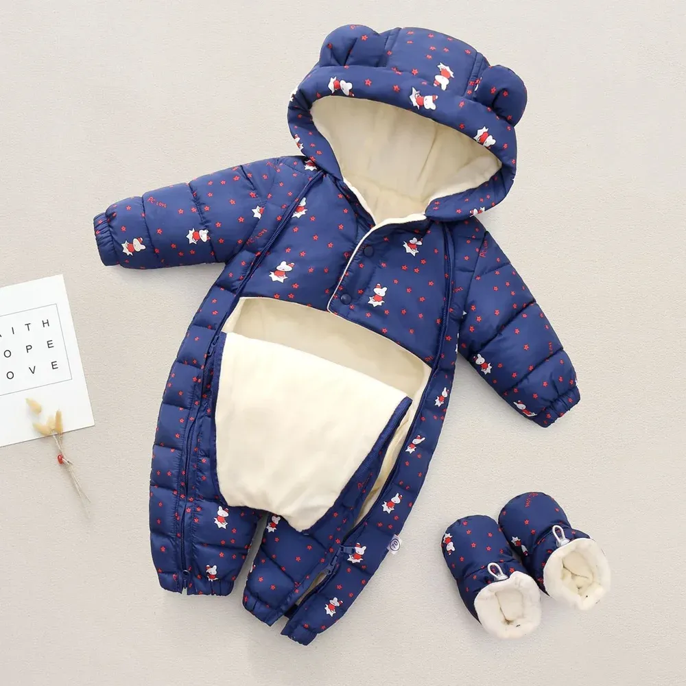 Jassen pasgeboren baby winterkleding kap met capuchon plus fluweel warme jumpsuit boy peuter sneeuwpuit meisje katoen kleding overalls rompers flanel