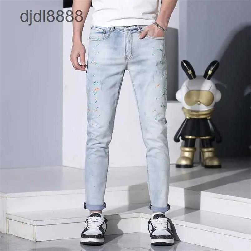 2024 Spring/summer New Jeans Mens Trendy Brand European Goods Spot Paint Spray Painting Slim Fit Small Feet Pants Light