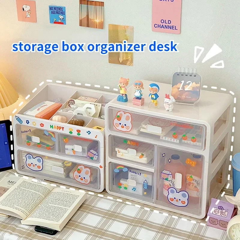 Bins Korean Ins Cosmetic Stationery Storage Box Desktop Drawer Type Makeup Storage Boxes Plastic Transparent Organizer Storage Rack