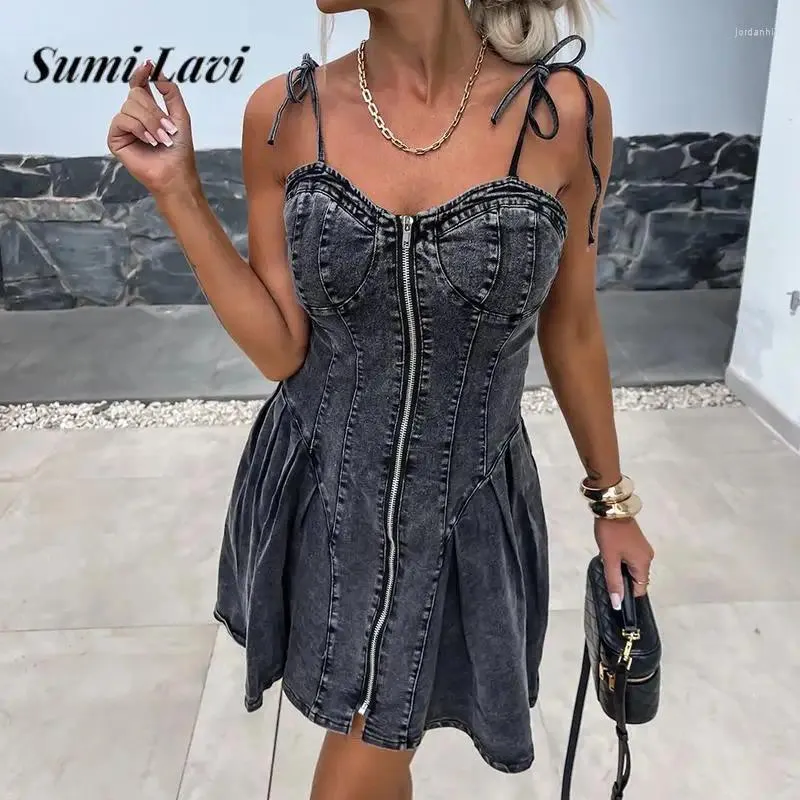 Casual Dresses Sexy V-neck Zipper Suspender Denim Dress Women Elegant Ruffles Lace-up Solid Flim Fit Jeans Fashion Hight Waist Mini