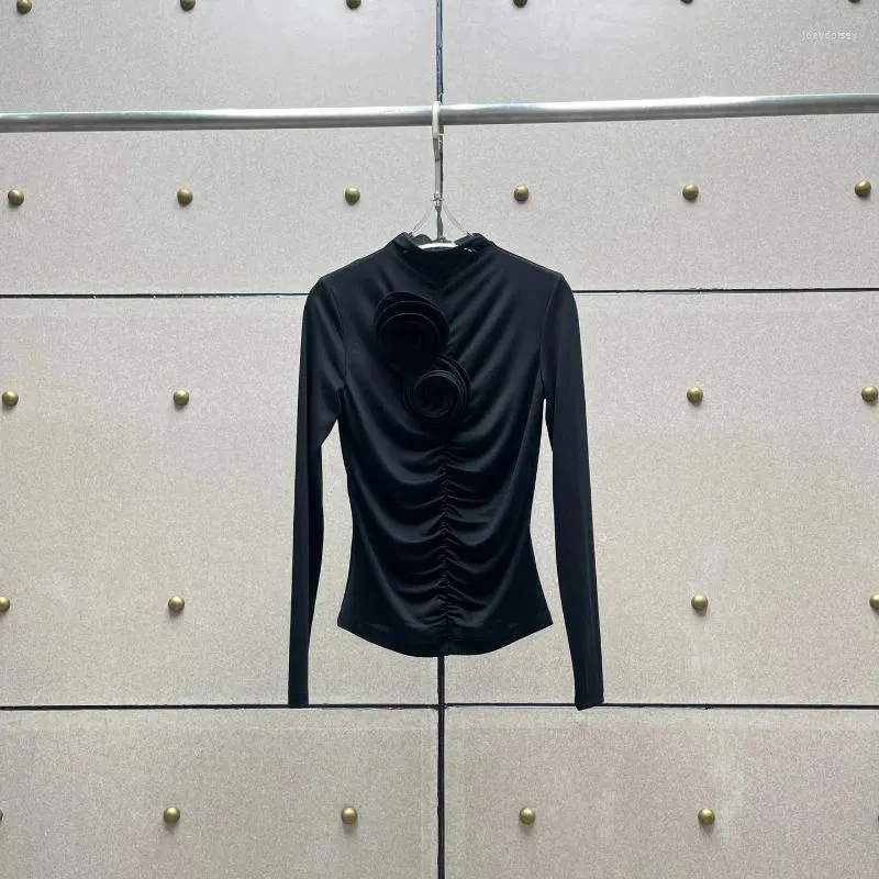 Camicette femminili nere fatte a mano floreale a maniche lunghe piccole camicetta arricciata 2024 abiti estivi primaverili di alta qualità
