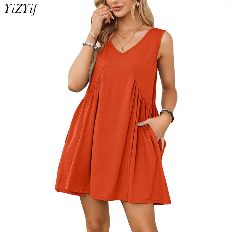 Robes décontractées Femmes Summer Sundress Ruffle V Neck Robe sans manches avec poche pour vocation de vacances Party Portez de la mode Streetwear