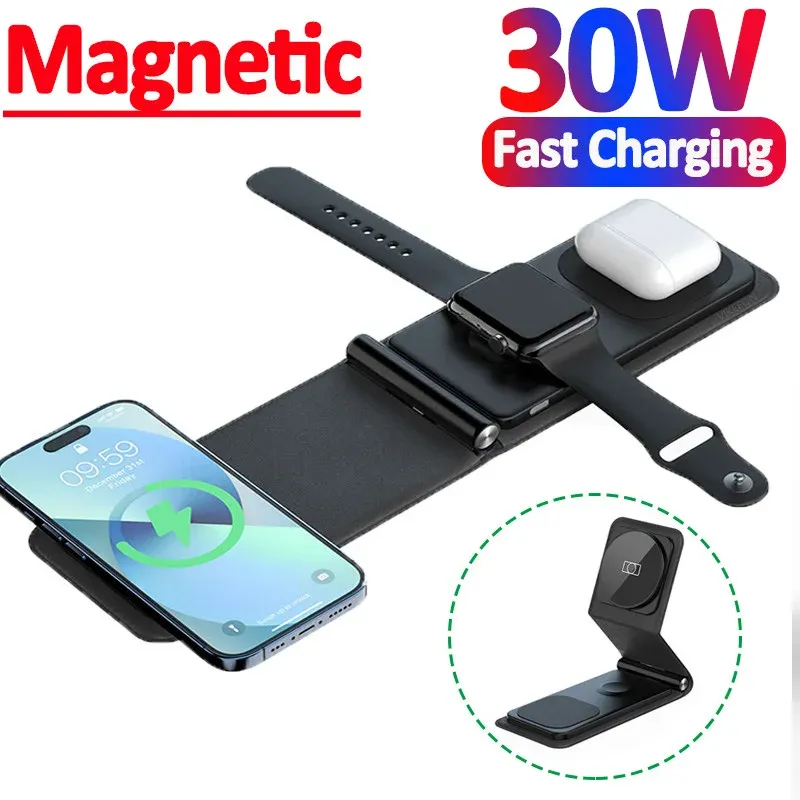 Carregadores 30W 3 em 1 Magnetic Wireless Charger Stand Pad dobrável estação de doca de carregamento rápido para iPhone 14 13 12 11 X Apple Watch AirPods