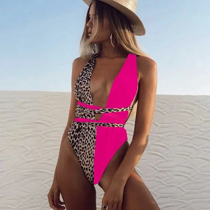 Swim Wear Backless One Piece Swimsuit Bandage Swimswear 2023 Femmes V Décolleté High Cut Monokini Swim Pink Leopard Animal Print Bathing Costume 240423