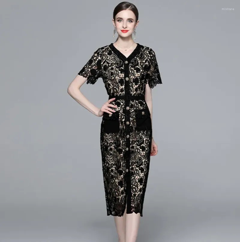 Party Dresses Summer Water Soluble Lace Black Dress Runway Vintage Women V Neck Golden Button Embroidery Flower Hollow Out Bodycon Midi