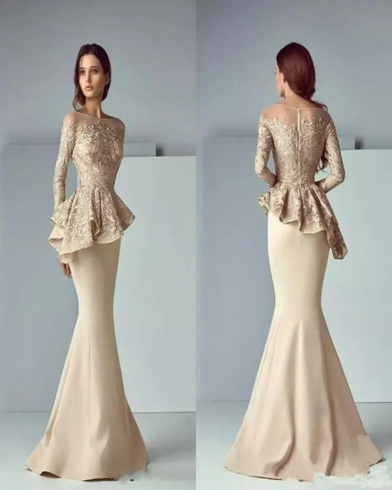 Champagne Lace Stain Peplum Mermaid Avondjurken Sheer Neck Long Sleeves Dubai Arabisch prom jurken avondkleding op maat gemaakte 8503740
