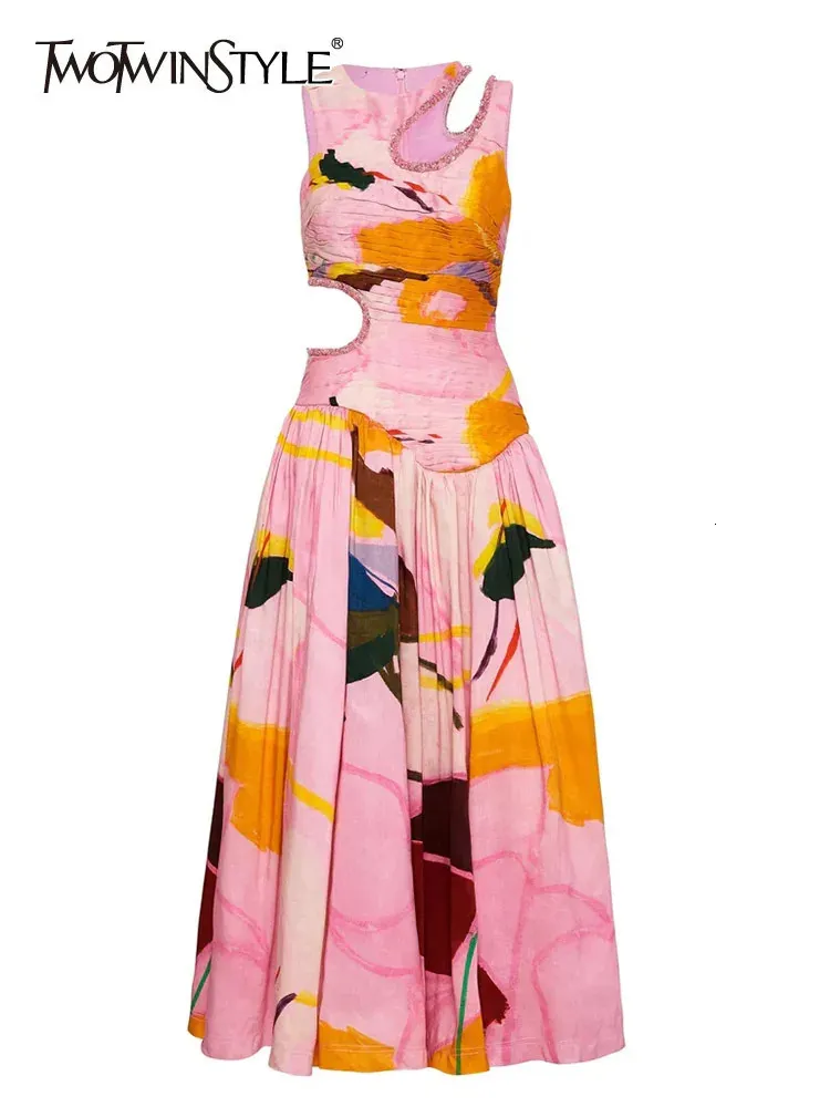 Twotwinstyle Dresses Rainbow Vestidos para mujeres redondas cuello redondo sin mangas de cintura alta con ropa de estampado de color ropa de moda femenina 240411