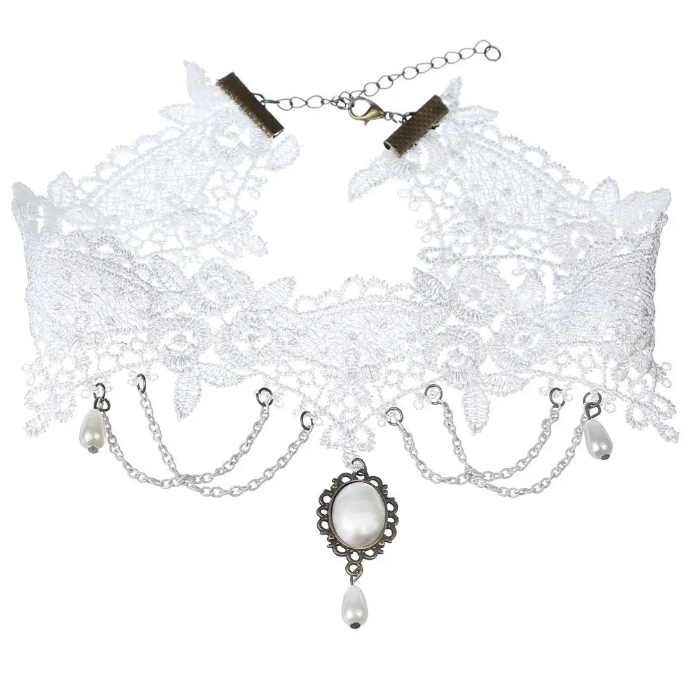 Colliers Fashion Gothic White Crystal Lace Choker Collier pour femmes Fashion Victoria Vintage Clavicule Chaîne Collar Bijoux