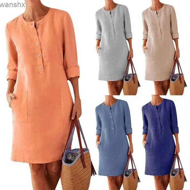 Basic Casual Dresses Womens Cotton And Linen Dress Round Neck Long Sleeve Midi A-line Dresses High Waist Basic Office Professional Female ClothingL2404