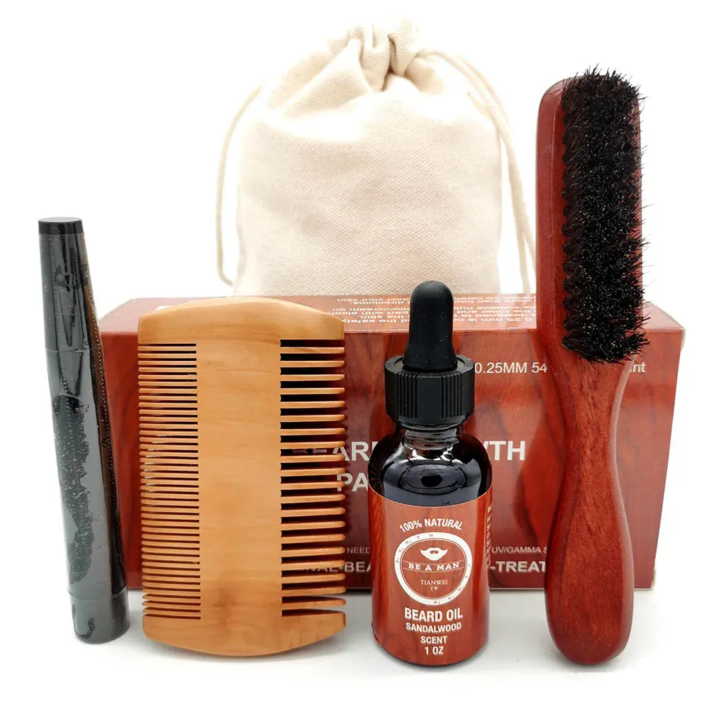 Foam 5Pcs/Set Facial Hair Beard Mustache Care Kit Comb Brush Oil Grooming Set