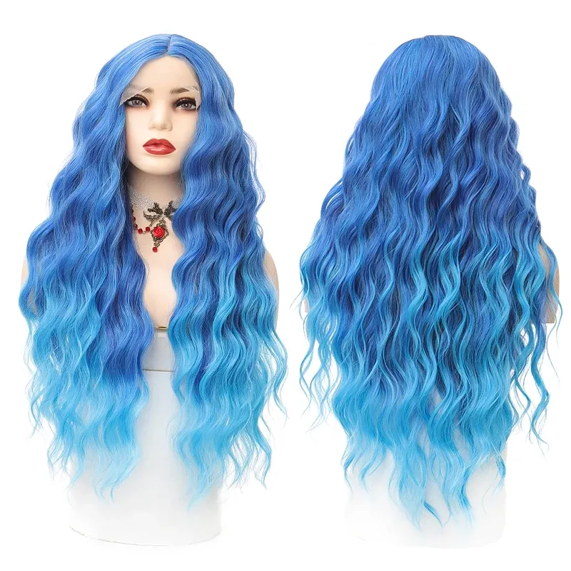 Haarprodukte synthetische Spitzenperücke 29 Zoll Gradienten Blau Langes Wellenhaarspitzenperücken für Frauen Hochtemperatur Faser natürliche Haare Cosplay -Perücken