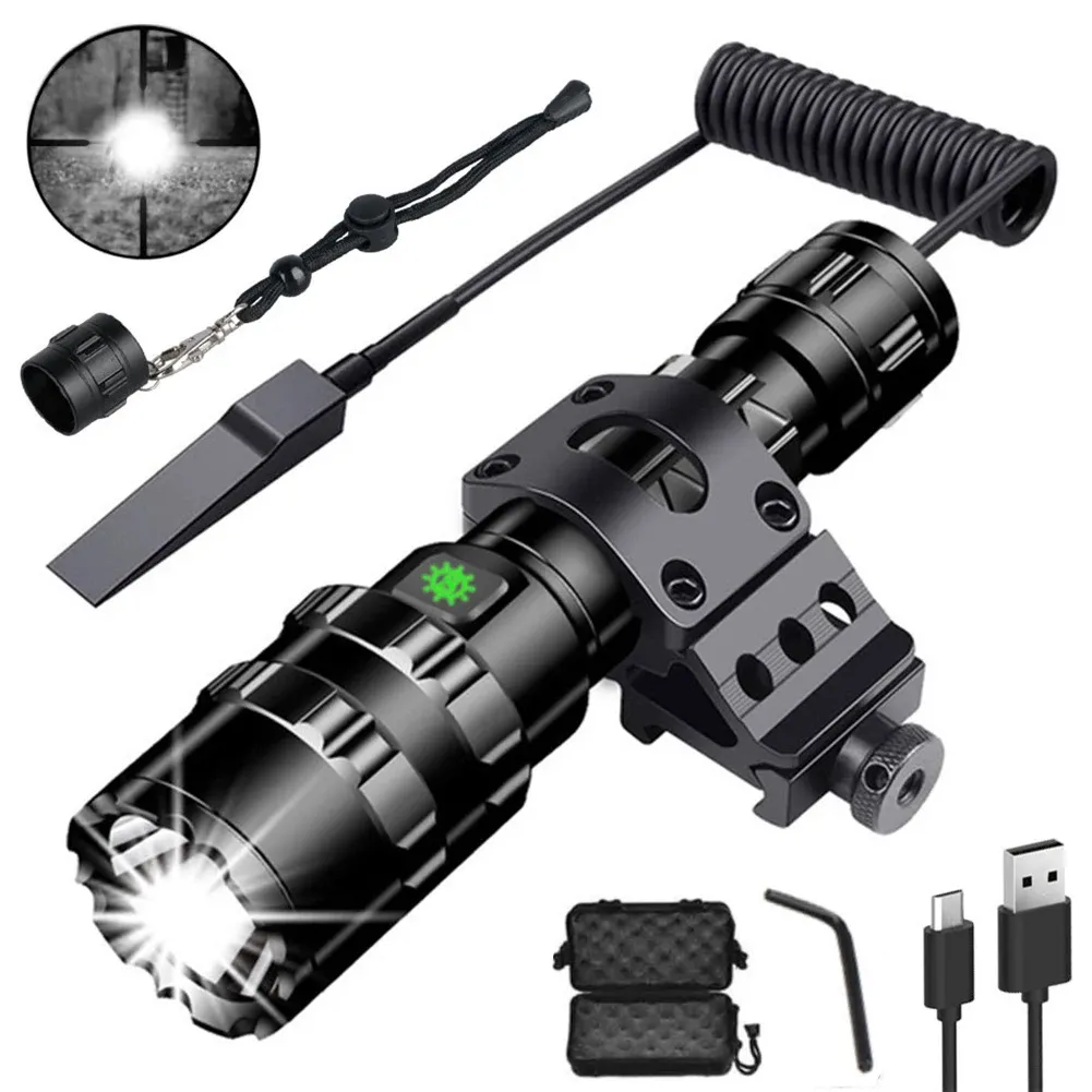 Scopi Flashlight tattico 1600 lumens USB Torcia ricaricabile di caccia impermeabile con accessori per pistola da tiro a caccia di clip