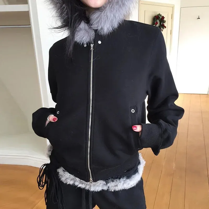 Karrram Japanese Y2K Fur Coat For Women Vintage Black Hooded Karrram Japanese Y2K Fur Coat For Women Vintage Black Hooded