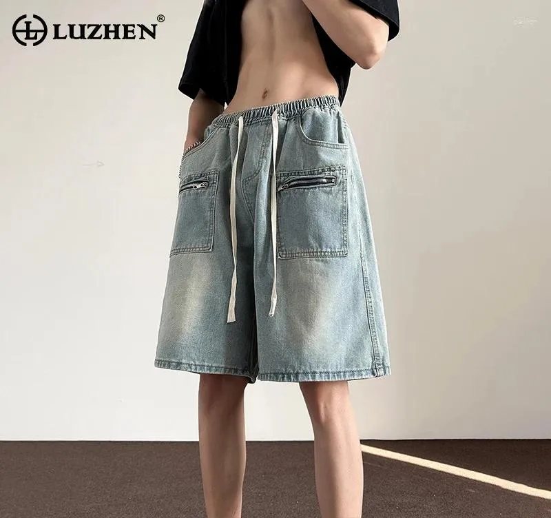 Shorts masculinos luzhen personalidade elegante zíper decorar calça jeans curta de rua 2024 Summer Original Solte Straight calça lishim lz2803