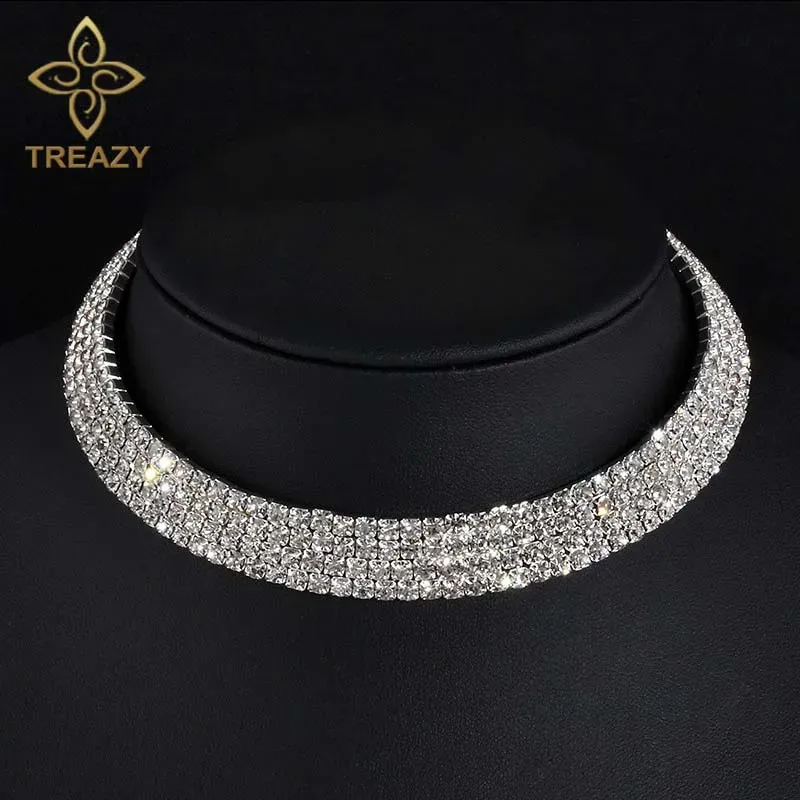 Halsketten treazy Sprudeln silberfarbene Farbe Kristallkragen Kette Halskette Braut Hochzeit Party Diamante Strass Halshöhe Schmuck Geschenke