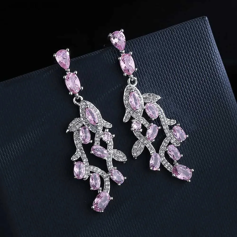 Свиная люстра 925 Серебряные роскошные розовые серьги из листьев циркония для женщин дизайн сладких романтических свадебных украшений