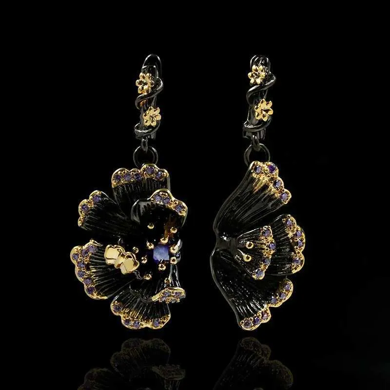 Dangle Chandelier New retro sunflower earrings high-end flower zircon personality gold exaggerated black and two-tone jewelry gift H240423