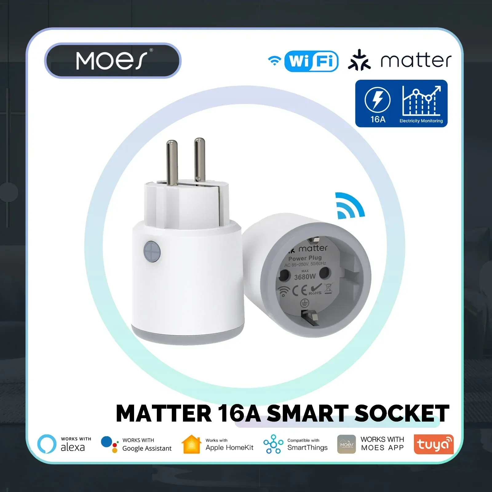 Заглушки Moes Smart Plug Pult Matter Wi -Fi Socket 16a Smart Timer Outlet Power Monitor Support Tuya Apple Homekit Работа с Google Home Alexa