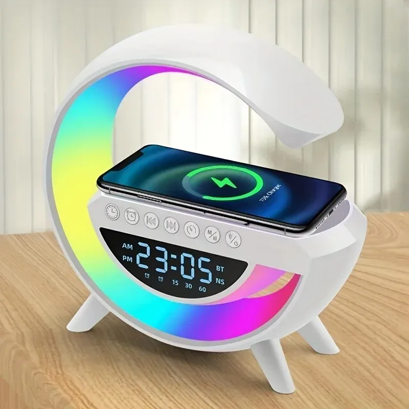Chargers 15W Big Size Wireless Charger Pad Stand Speaker TF RGB Night Light Clock Fast Charging Station for iPhone 15 14 Samsung Xiaomi