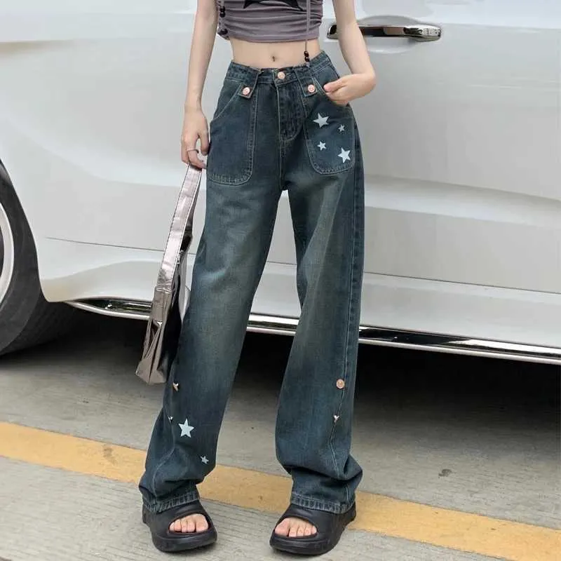 Women's Jeans High Waisted Jeans Women Y2k Retro Blue Baggy Wide Leg Pants Fashion Female Casual Straight Washed Denim Trousers Full Length Y240422